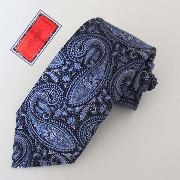 ISAIA Napoli 7 Fold navy paisley pattern tie 100% silk Italy - Picture 1 of 6